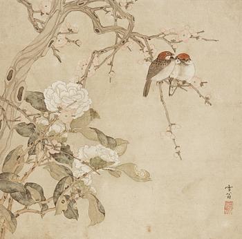 145. A painting of sparrows, plum blossoms and camellia, by Chen Zhifo (1896-1962), signed.