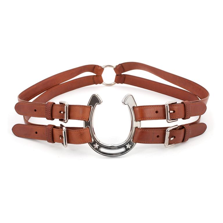RALPH LAUREN, a brown leather belt with silvercolored horse shoe.