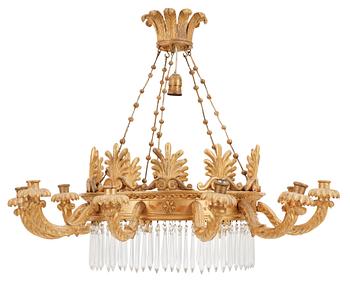 743. A German Empire 19th century ten-light gilt wood hanging lamp, possibly after K. F. Schinkel.