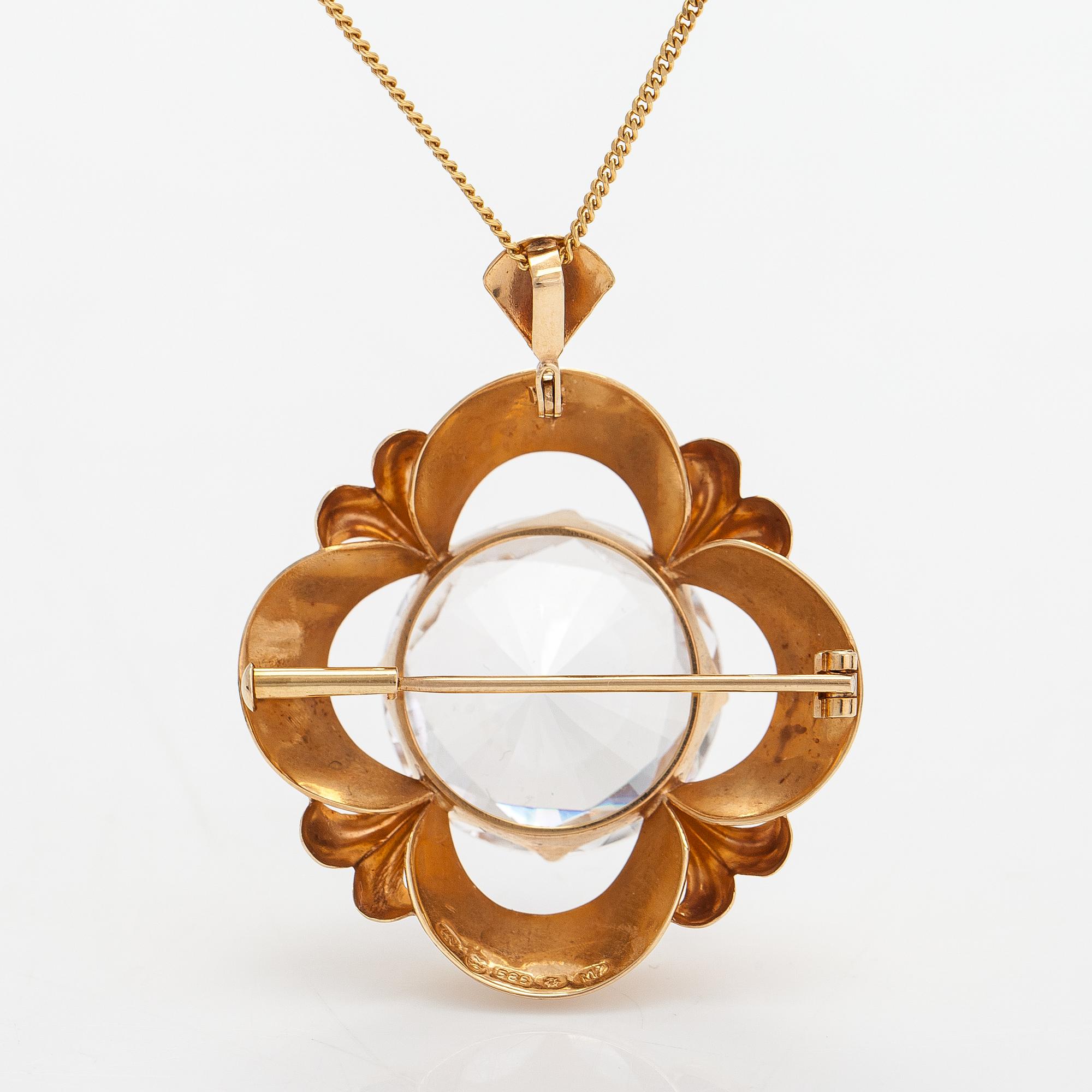 Helge Narsakka, halsband och brosch, 14K guld, rökkvarts och syntetisk spinell. Lahtis 1965.