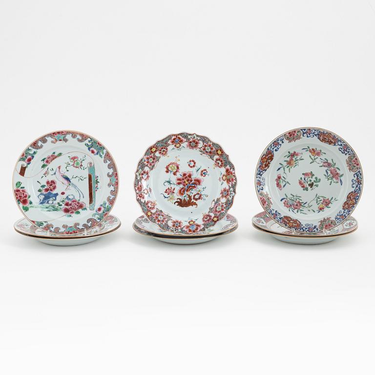 A group of nine Chinese famille rose porcelain plates, Qing dynasty, Yongzheng (1723-35) and Qianlong (1736-95).