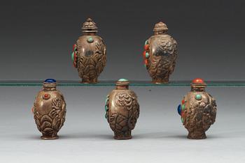 A set of five Tibetan snuff bottles with stoppers, ca 1900-.