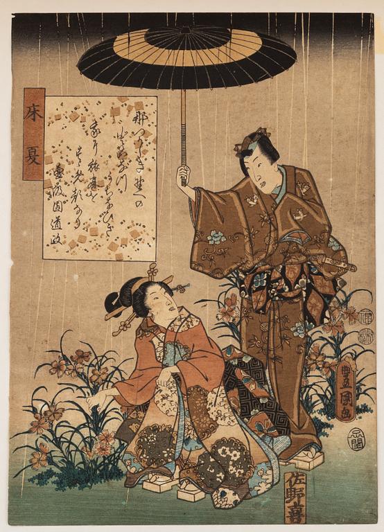 Utagawa Kunisada, three woodblock prints and Utagawa Kuniyoshi, woodblock print.
