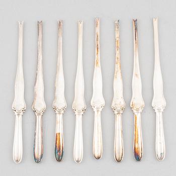 Eight lobster forks, silver plate, Hallbergs.