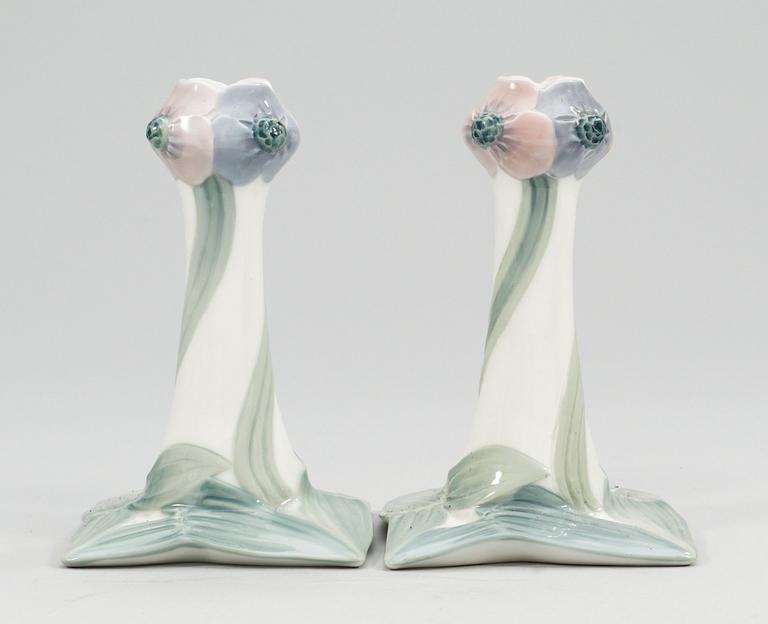 A pair of porcelain art nouveau candlesticks, Rörstrand circa 1900-1905.