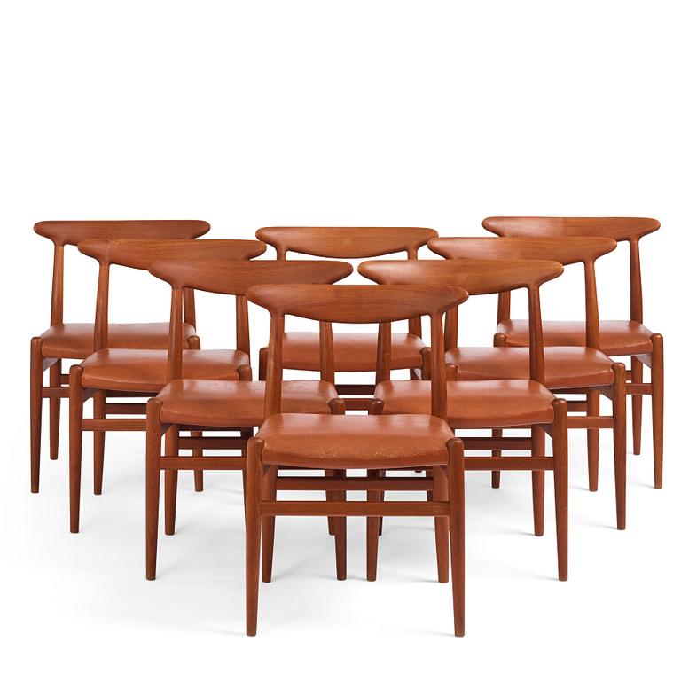 Hans J. Wegner, a set of eight teak chairs model "W2", C.M. Madsens Fabriker, Denmark 1950s.