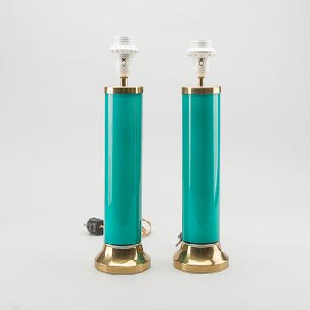 BERGBOM'S, a pair of brass and turquoise glass table lamps, Sweden mid 20th century,