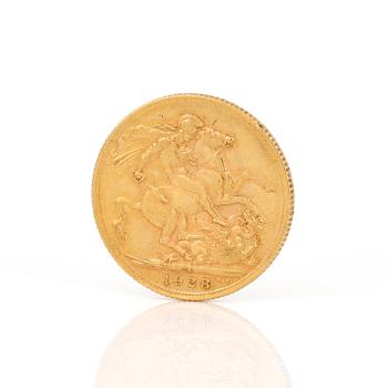 GULDMYNT, sovereign, George V, Storbrittannien 1928. Vikt ca 8 g.