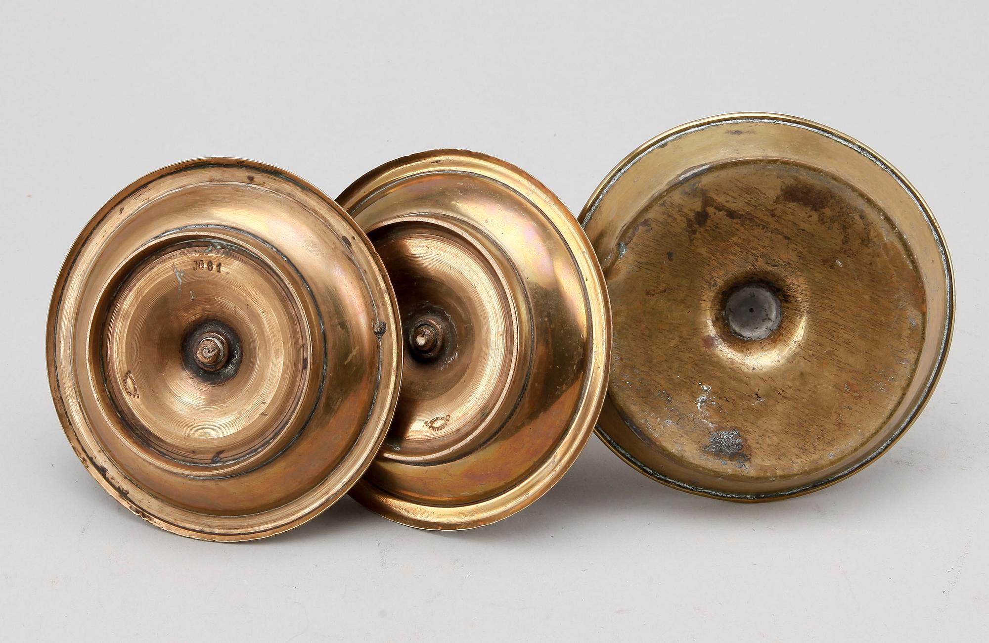 LJUSSTAKAR, 3 st, mässing, barockstil, 1800-tal.