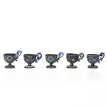 Soupcups, 5 pcs, silver and cloisonné, St Petersburg, Russia, after 1882.