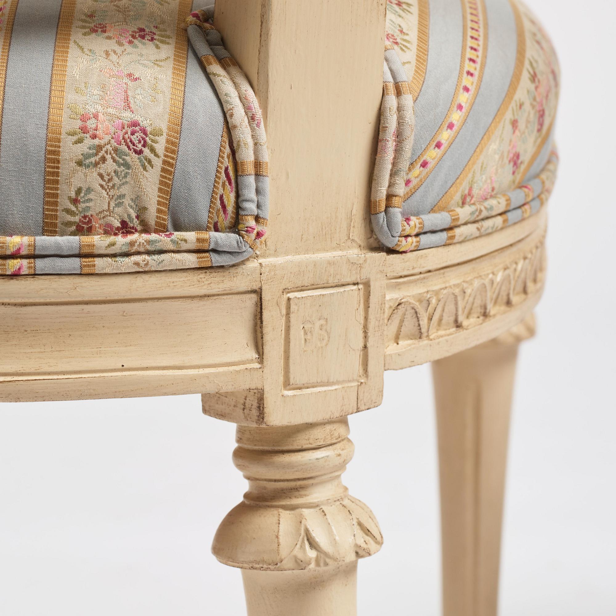 A set of nine Gustavian chairs by A Hellman (master in Stockholm 1761-94) and E Ståhl (master in Stockholm 1794-1820).