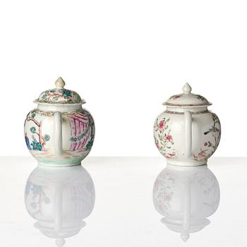 Two famille rose tea pots with covers, Qing dynasty, 18th century.