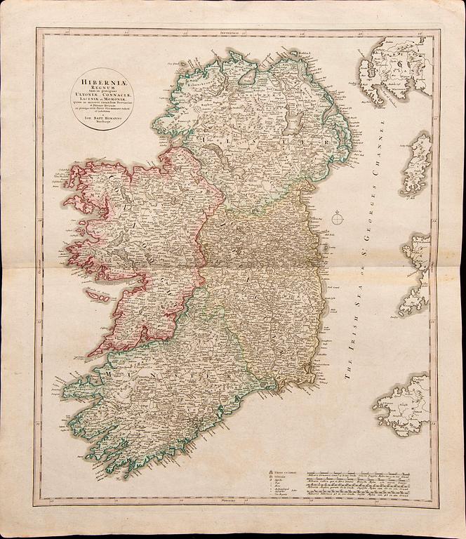 Johann Baptist Homann after, map Ireland, hand colored copper engraving, Nürnberg 18th Century latter part / 19th early.