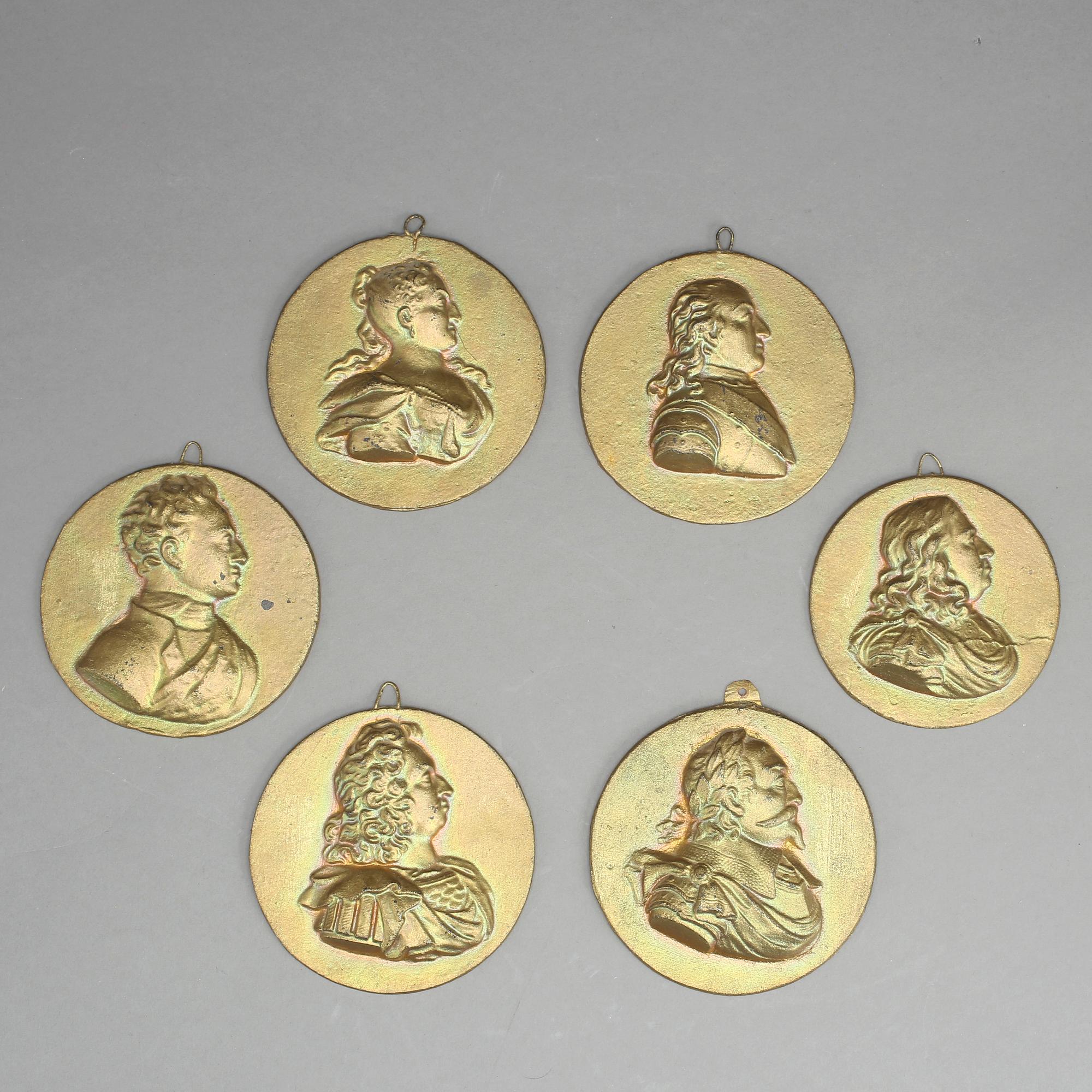 PORTRÄTTMEDALJONGER, 6 st. Gjutjärn, 1800-tal. Föreställande svenska kungar och drottningar.