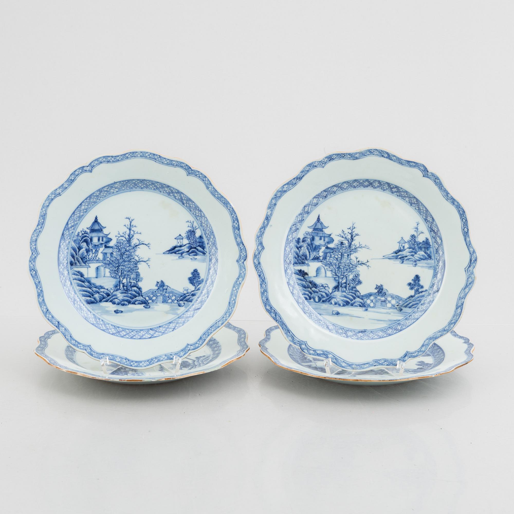 Six Chinese blue and white export porcelain plates, Qing dynasty, Qianlong (1736-95).