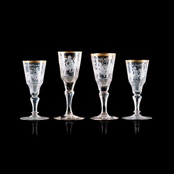 1362. Four Silesian cut and engraved wineglasses, 1750/60's.