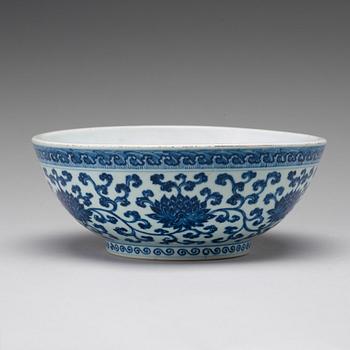 A large blue and white Ming style 'dice' bowl, Qing dynasty, Yongzhengs six character mark and period (1723-35).