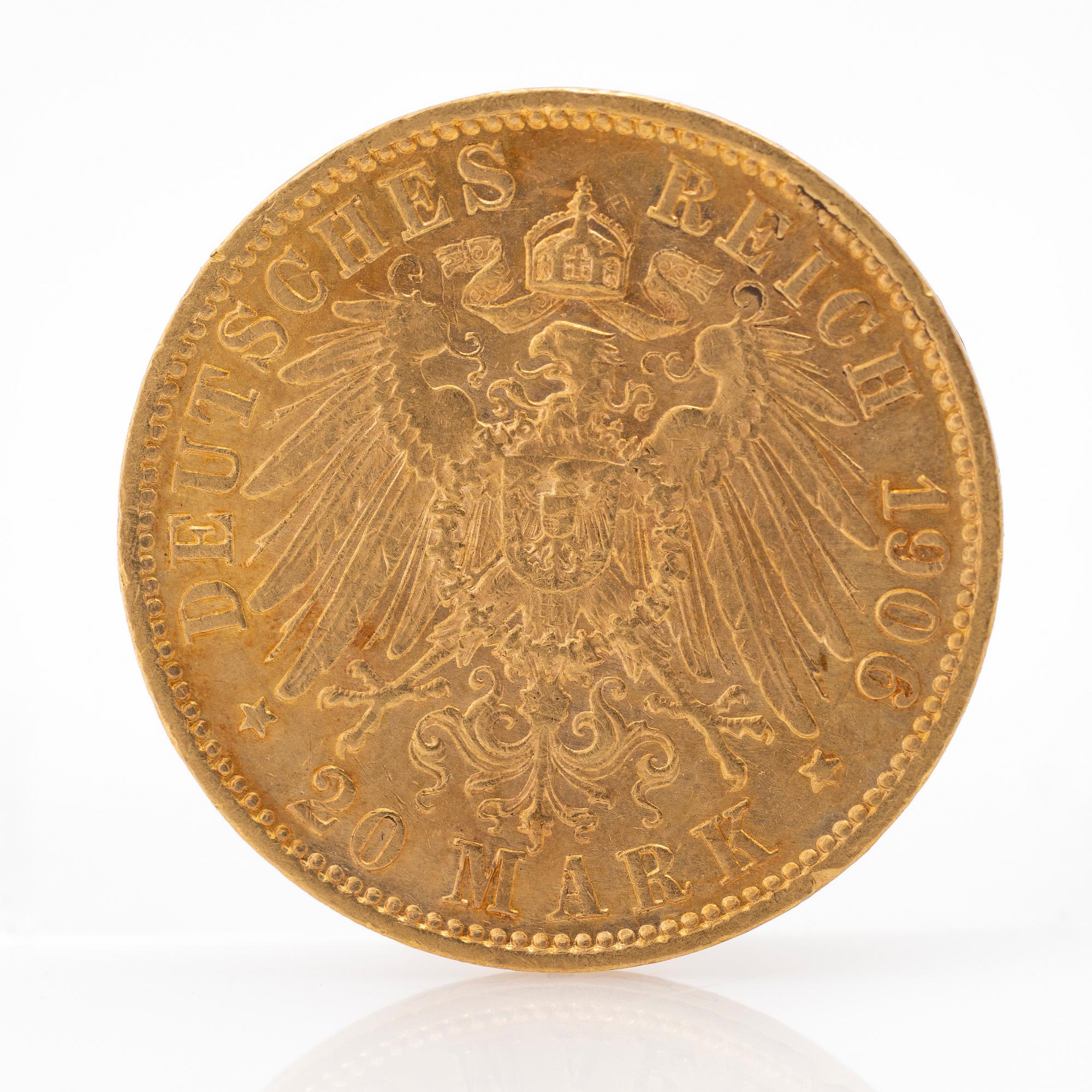 Gold coin Germany, Wilhelm II 20 Mark, 1906.