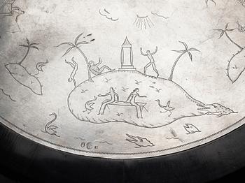 A Nils Fougstedt engraved pewter top table, Svenskt Tenn, Stockholm 1926.