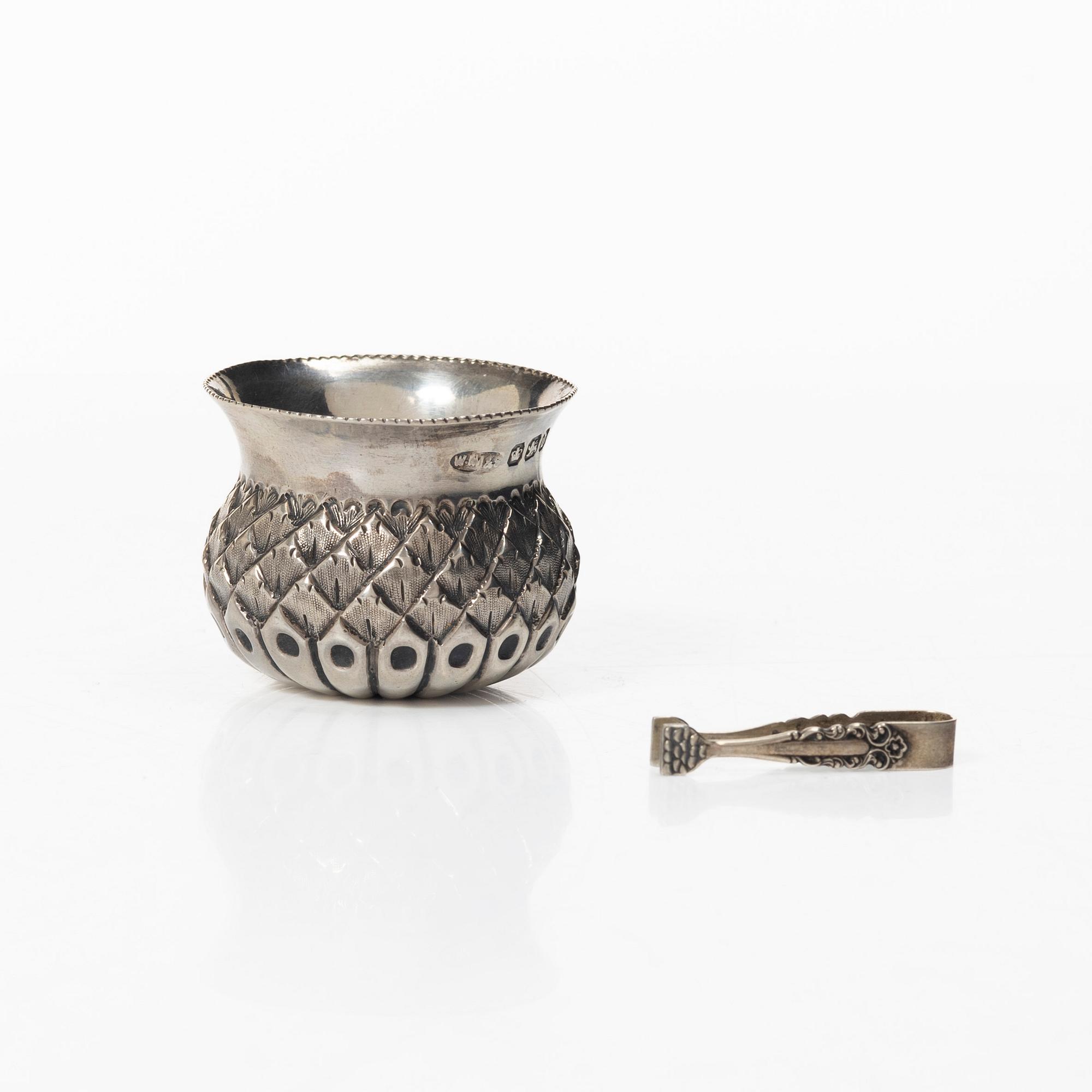 Sugar bowl, cream jug, tray, cup and miniature sugar tongs, silver, including William Mammatt & Son, Sheffield 1896.