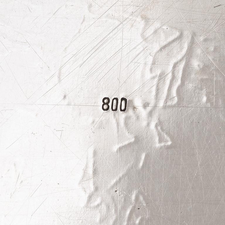 A silver 800 tray and coffee pot, and six glasses without marks. Probably Egypt.