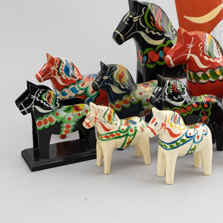 A set of painted wooden horses and roosters from Dalarna, Sweden, mid 20th century and late 20th century.