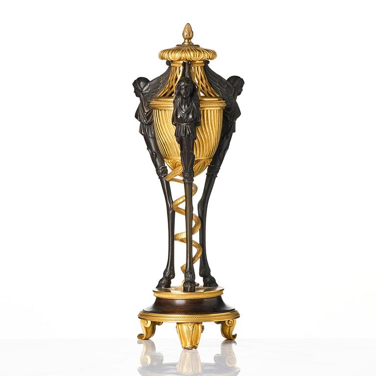 A French gilt and patinated bronze Empire-style brûle-parfum, later part 19th century.