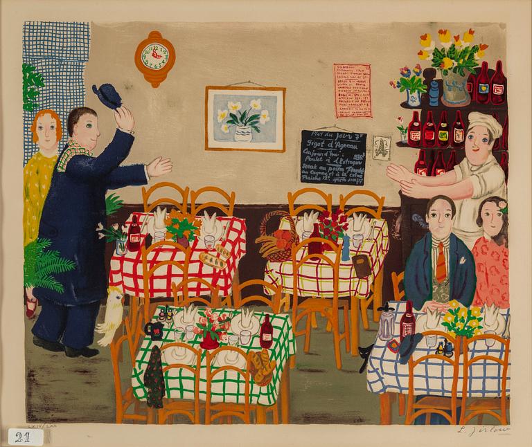 LENNART JIRLOW, lithograph in colours, signed L. Jirlow and numbered LXIV/LXX. Executed in 1975. "Restauranginteriör".