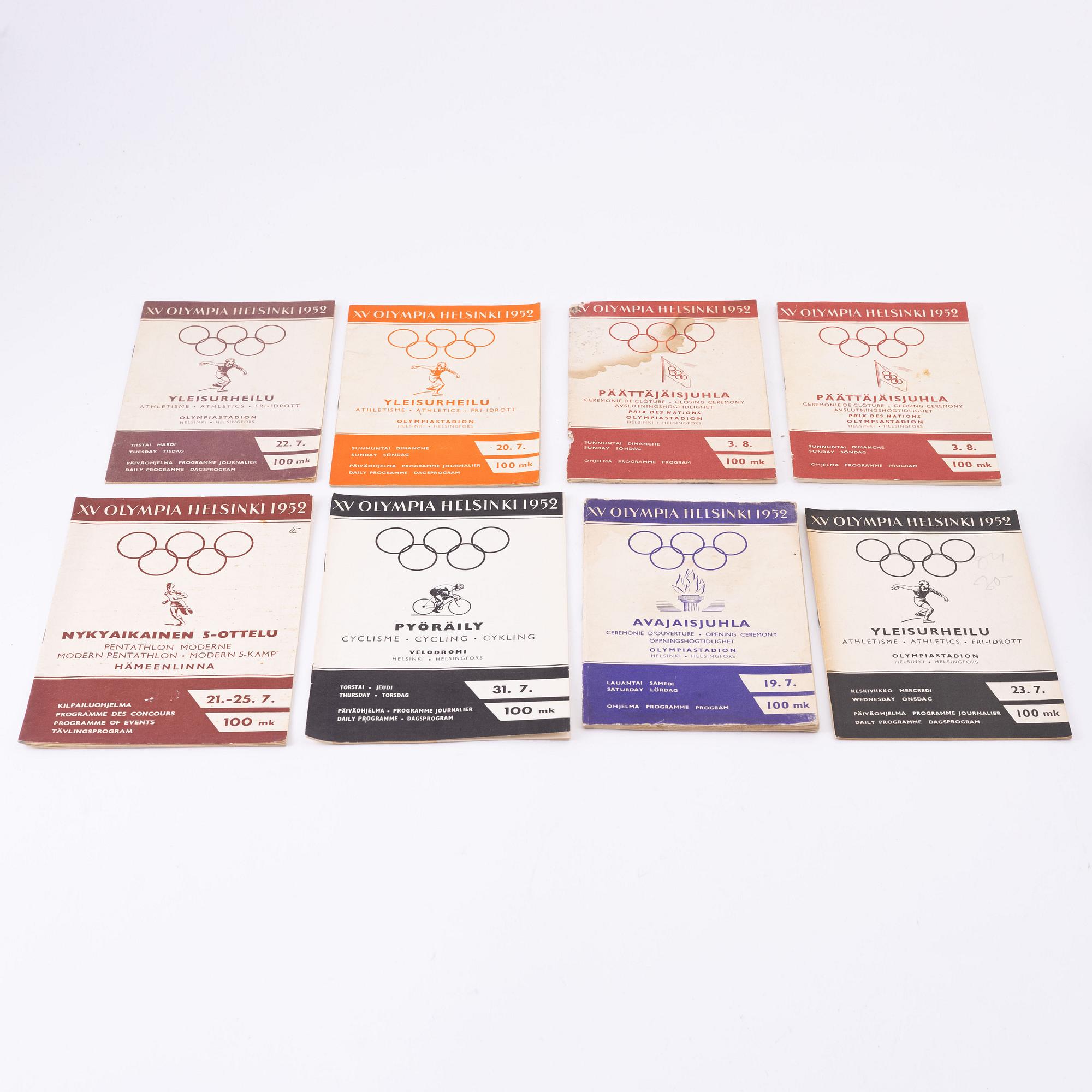 Olympic memorabilia: tickets, stamps, and cards.