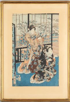 Utagawa Kuniteru I, träsnitt, 1853, samt Utagawa Kunisada (Toyokuni III), träsnitt, 1800-talets första hälft.