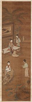 133. A hanging scroll of a garden scenery with ladys and maids, in the style of Qiu Ying, Qing dynasty, 19th century.