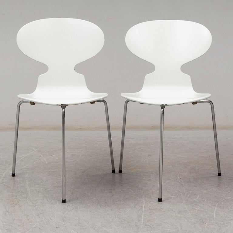 ARNE JACOBSEN, six painted 'Myran' chairs. Fritz Hansen Denmark.