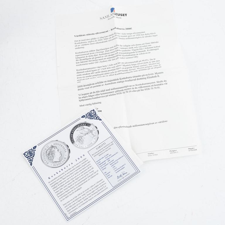 Coin, silver, Kookaburra 2000, 1 kilogram, silver 999.