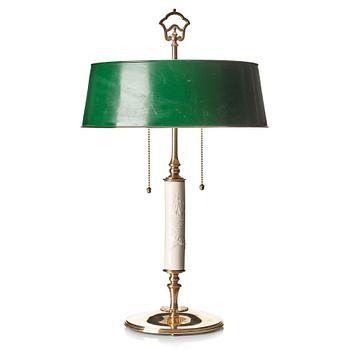 Melchior Wernstedt, a brass two light table lamp, Nordiska Kompaniet for the Stockholm City Hall, 1920's.