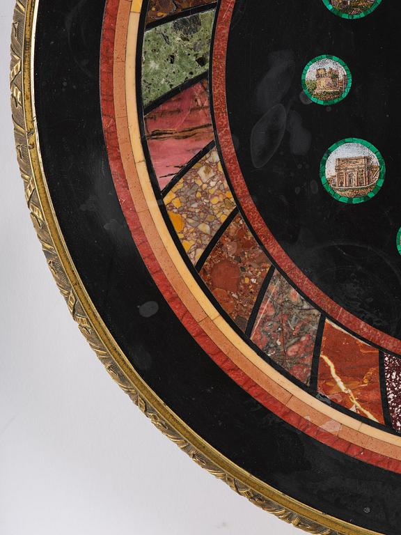An Empire-style mahogany table with a pietre dure, micromosaic and specimen marble top, mid 19th century.