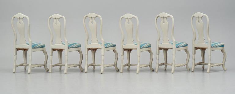 A set of six Swedish Rococo chairs, second part of the 18th century.