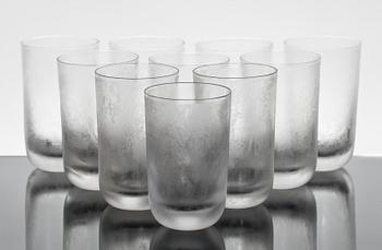 GROGGGLAS, 10 st samt PUNSCHBÄGARE, 10 st, glas, Vicke Lindstrand, "Iced", 1930-tal.