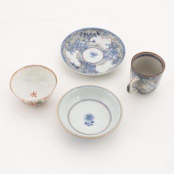 A famille rose cup with stand, a dish and a single cup, Qing dynasty, Qianlong (1736-95).