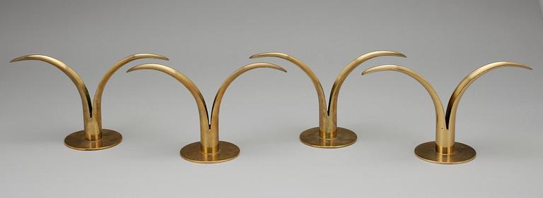 LJUSSTAKAR, 4 st, mässing, "Liljan", Ivar Ålenius Björk för Ystad-Metall, 1900-tal.