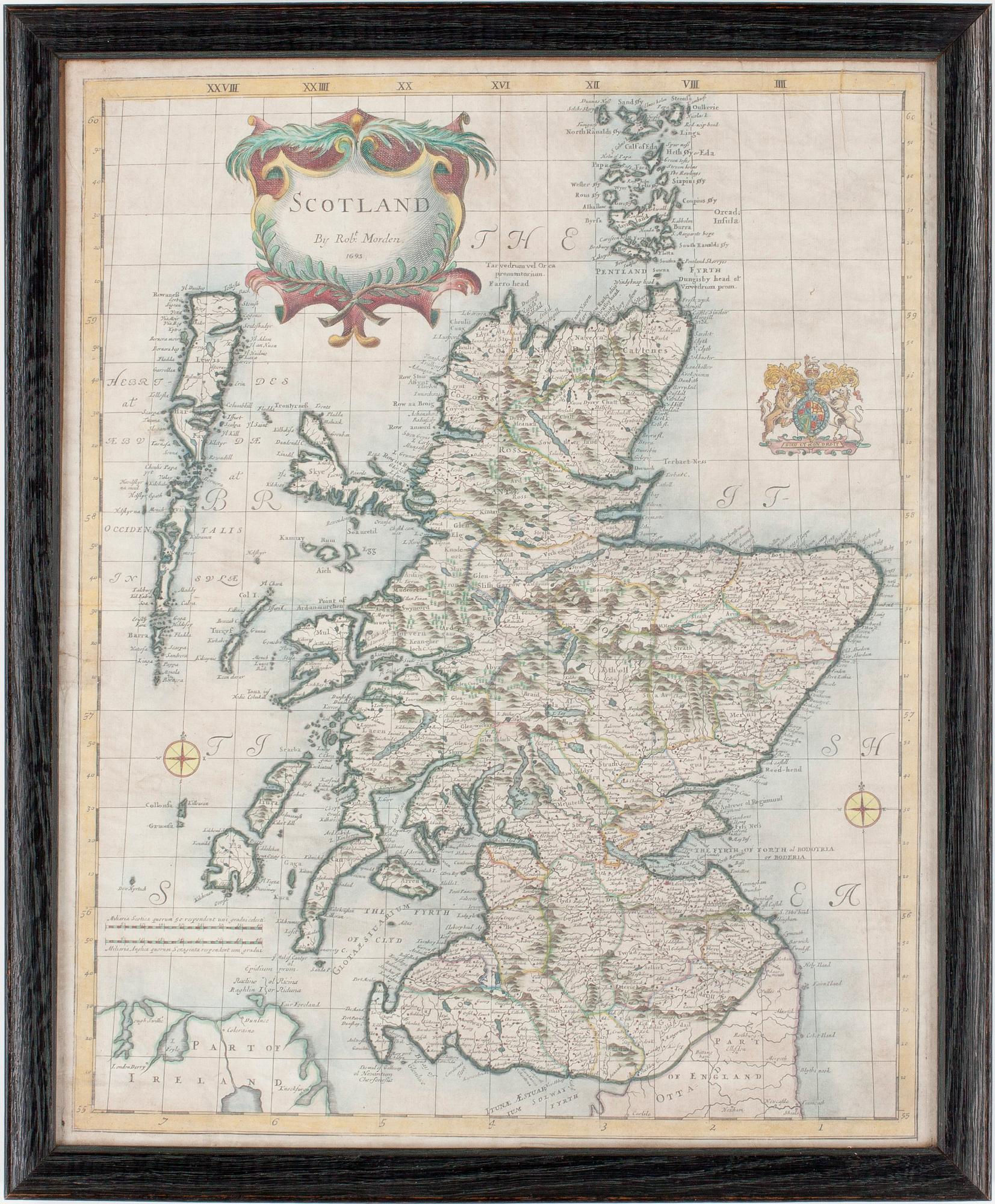 KARTA, handkolorerad etsning, "Scotland", efter Robert Morden, bär datering 1695.
