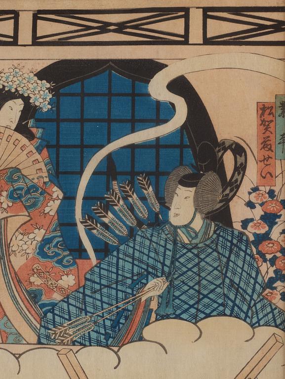 Utagawa Kunisada, two woodblock prints, Japan, before 1842, an a woodblock print by unknown artist, Japan, 1862.