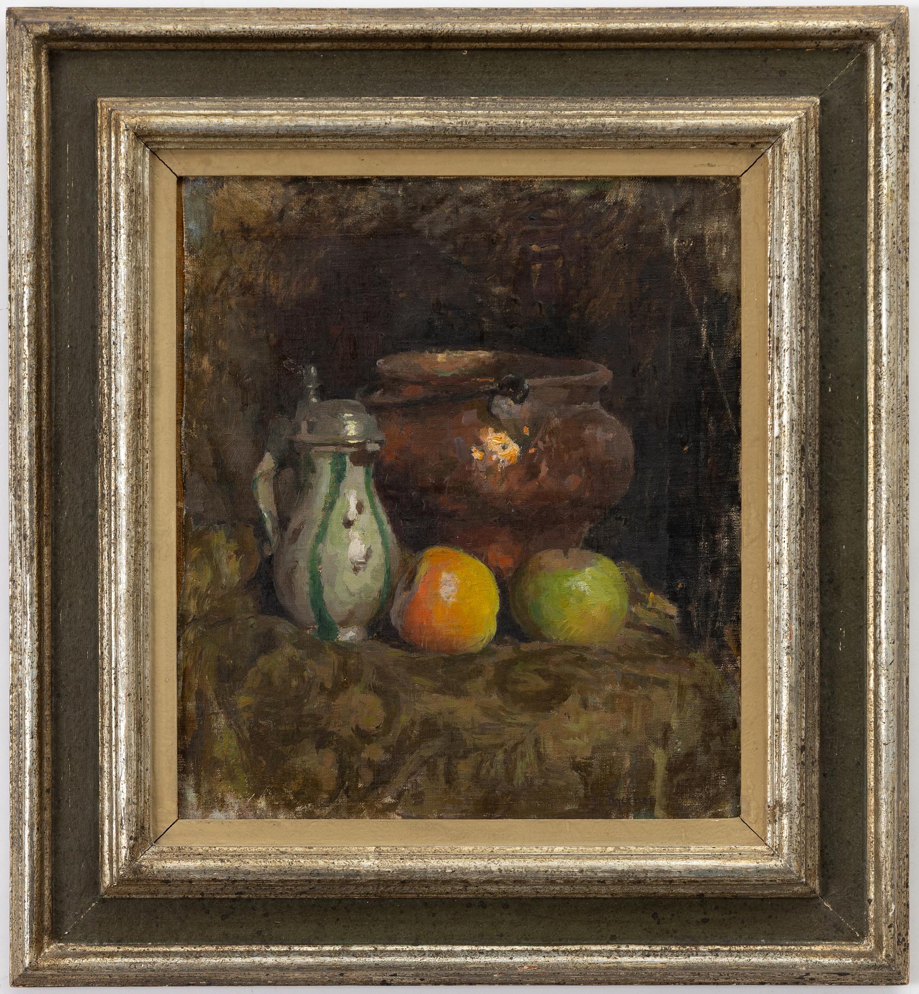 Esther Kjerner, Still life with a copper bucket, jug, and apples.