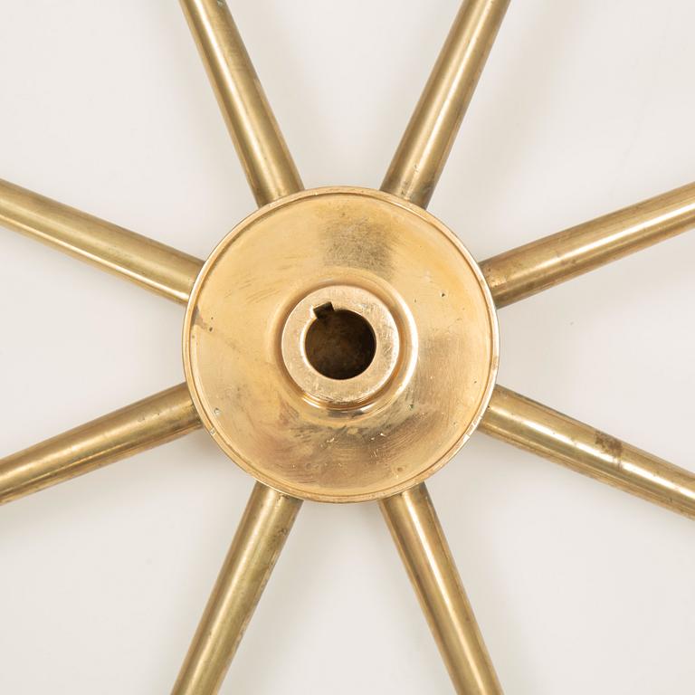 Ship wheel, brass and teak, Brown Bros & Co Ltd, Rosebank Ironworks Edinburgh, 20th century.