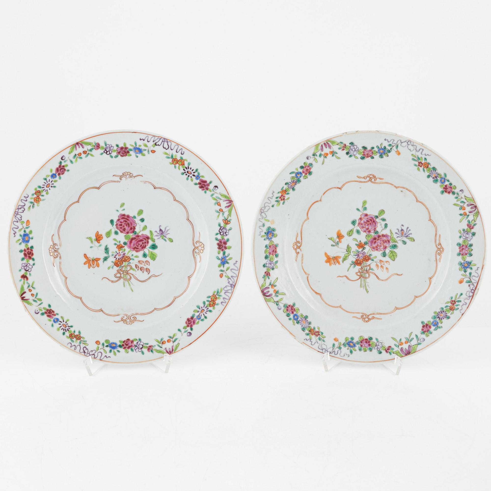 Three pairs of Famille rose plates, China, 18th century.