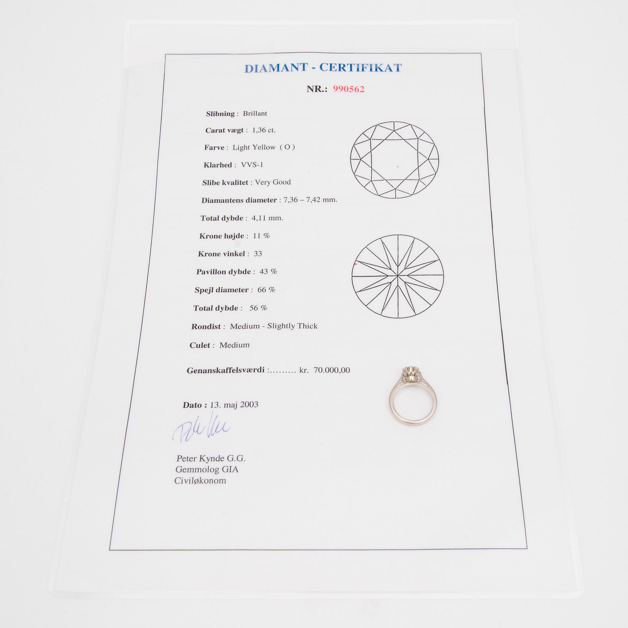 RING, vitguld 14K, briljantslipad diamant 1,36 ct, enligt gravering.