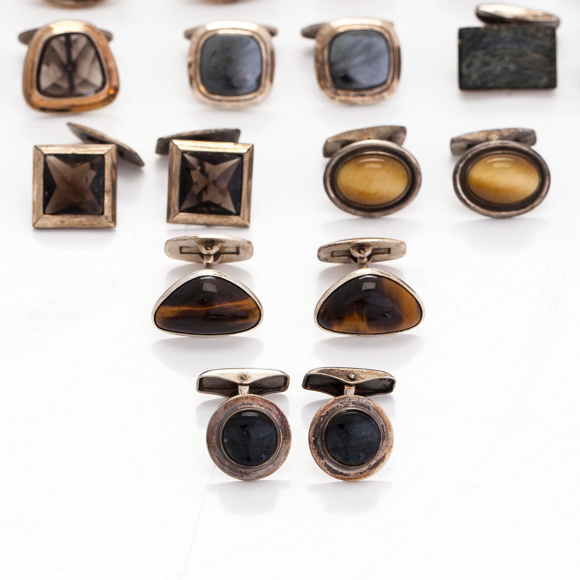 Cufflinks, 11 pairs, silver and natural stones, Finland and Sweden.