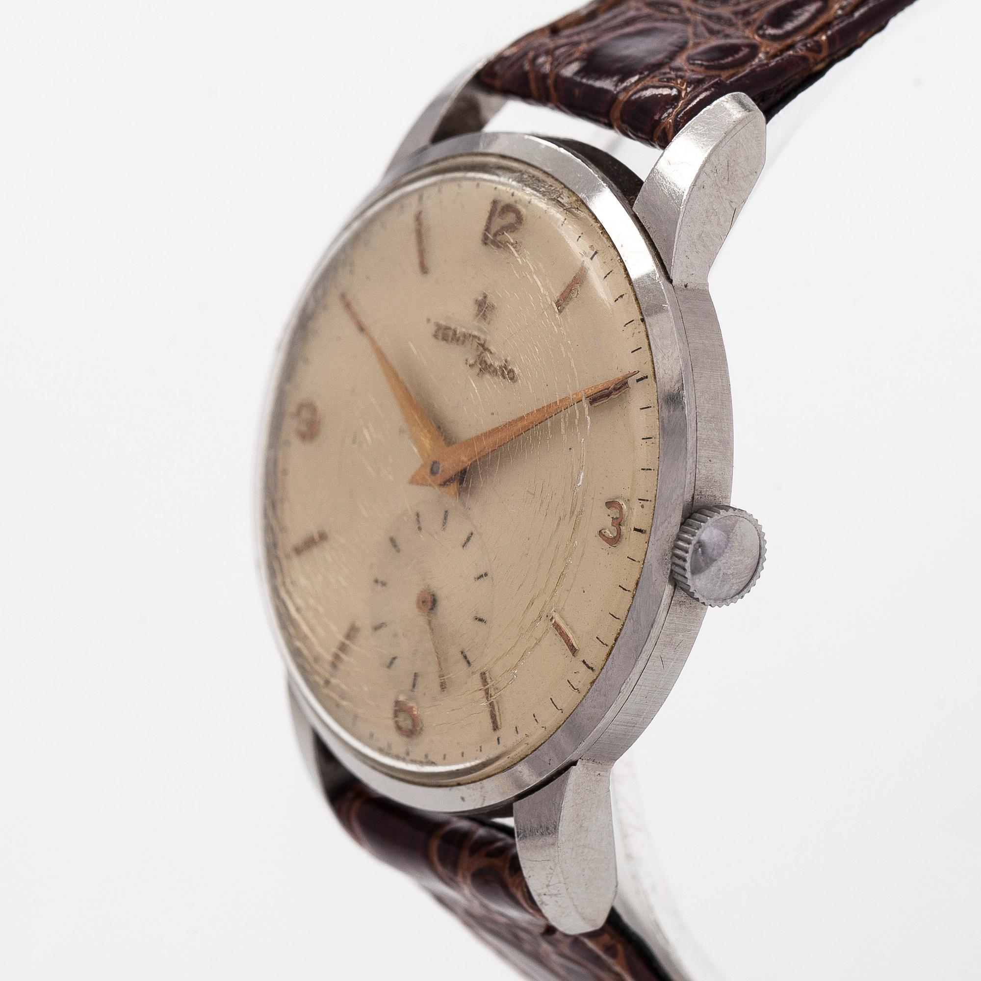 Zenith, Sporto, Oversize, rannekello, 37 mm, teräs, manuaalinen, pleksilasi, 1950-luku.
