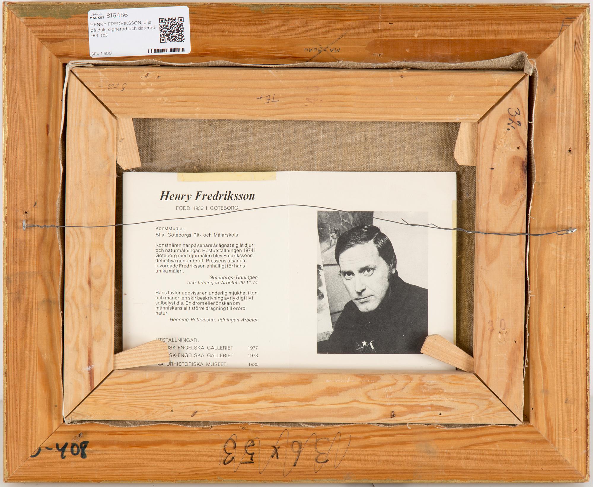 HENRY FREDRIKSSON, oil on canvas, signed and dated -84.