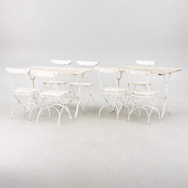 A set of seven garden chairs and two tables Byarums bruk, later part of the 20th century.
