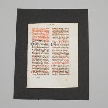 BOKBLAD UR HANDSKRIFT, troligen Frankrike, enligt uppgift möjligen 1400-tal.